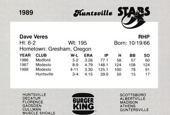 1989 Burger King Huntsville Stars #NNO Dave Veres Back