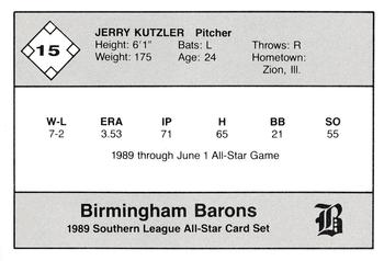 1989 Jennings Southern League All-Stars  #15 Jerry Kutzler Back