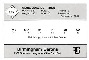 1989 Jennings Southern League All-Stars  #16 Wayne Edwards Back