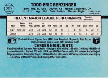 1988 Donruss Boston Red Sox Team Collection #297 Todd Benzinger Back