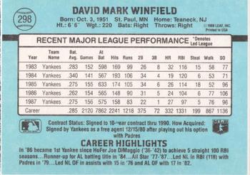 1988 Donruss New York Yankees Team Collection #298 Dave Winfield Back