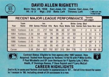 1988 Donruss New York Yankees Team Collection #93 Dave Righetti Back