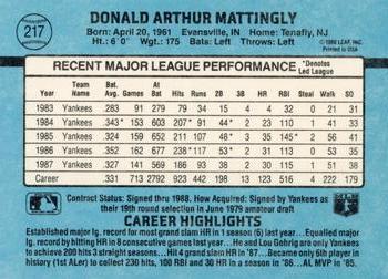 1988 Donruss New York Yankees Team Collection #217 Don Mattingly Back