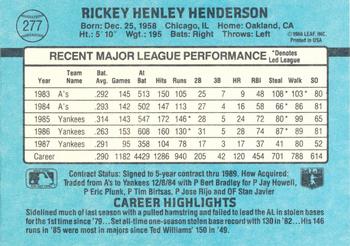 1988 Donruss New York Yankees Team Collection #277 Rickey Henderson Back