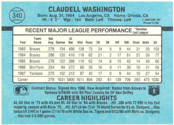 1988 Donruss New York Yankees Team Collection #340 Claudell Washington Back