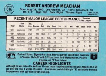 1988 Donruss New York Yankees Team Collection #616 Bobby Meacham Back
