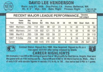 1988 Donruss Oakland Athletics Team Collection #NEW Dave Henderson Back