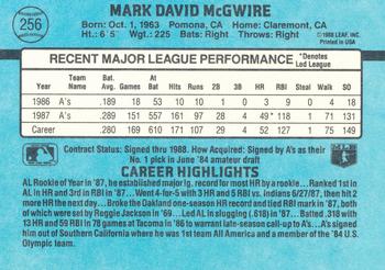 1988 Donruss Oakland Athletics Team Collection #256 Mark McGwire Back