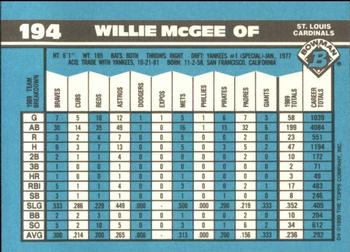 1990 Bowman - Limited Edition (Tiffany) #194 Willie McGee Back