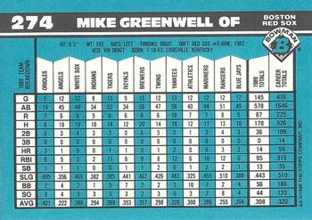 1990 Bowman - Limited Edition (Tiffany) #274 Mike Greenwell Back