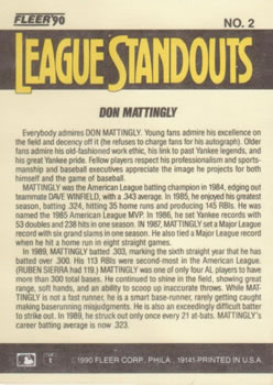 1990 Fleer - League Standouts #2 Don Mattingly Back