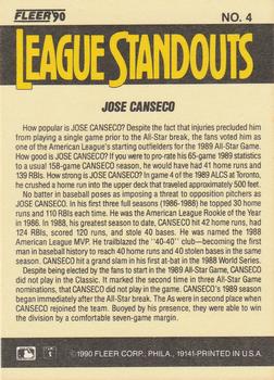 1990 Fleer - League Standouts #4 Jose Canseco Back