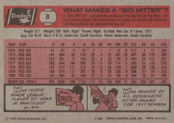1981 Topps Drake's Big Hitters #8 Jim Rice Back