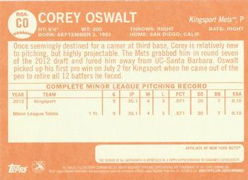 2013 Topps Heritage Minor League - Real One Autographs #ROA-CO Corey Oswalt Back