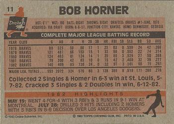 1983 Topps Drake's Big Hitters #11 Bob Horner Back