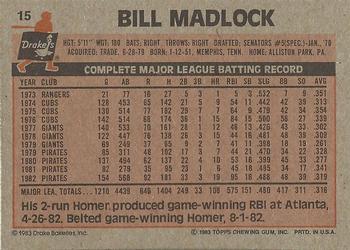 1983 Topps Drake's Big Hitters #15 Bill Madlock Back