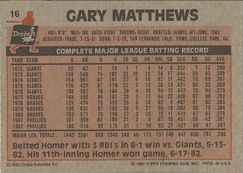 1983 Topps Drake's Big Hitters #16 Gary Matthews Back
