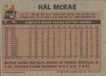 1983 Topps Drake's Big Hitters #17 Hal McRae Back