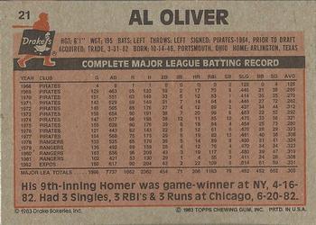 1983 Topps Drake's Big Hitters #21 Al Oliver Back