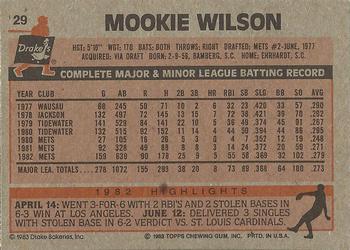 1983 Topps Drake's Big Hitters #29 Mookie Wilson Back