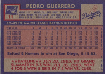 1984 Topps Drake's Big Hitters #11 Pedro Guerrero Back