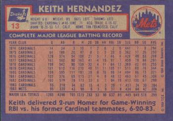 1984 Topps Drake's Big Hitters #13 Keith Hernandez Back