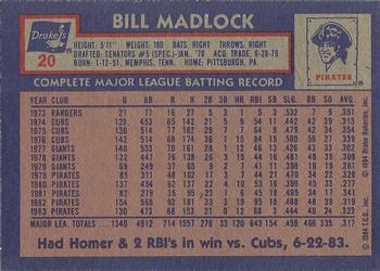 1984 Topps Drake's Big Hitters #20 Bill Madlock Back