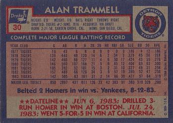 1984 Topps Drake's Big Hitters #30 Alan Trammell Back