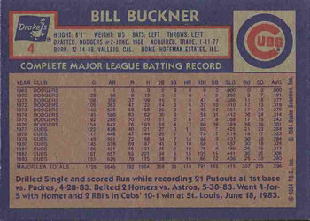 1984 Topps Drake's Big Hitters #4 Bill Buckner Back