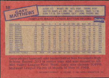 1985 Topps Drake's Big Hitters #18 Gary Matthews Back
