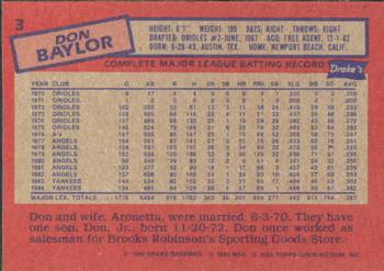 1985 Topps Drake's Big Hitters #3 Don Baylor Back
