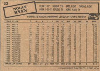 1986 Drake's Big Hitters #33 Nolan Ryan Back