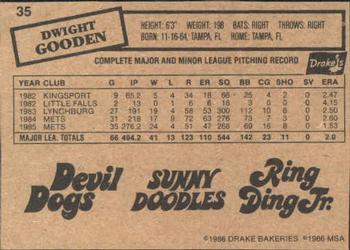 1986 Drake's Big Hitters #35 Dwight Gooden Back