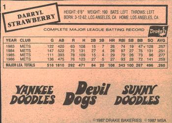 1987 Drake's Big Hitters Super Pitchers #1 Darryl Strawberry Back