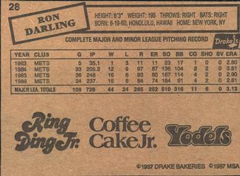 1987 Drake's Big Hitters Super Pitchers #28 Ron Darling Back