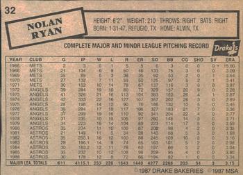 1987 Drake's Big Hitters Super Pitchers #32 Nolan Ryan Back