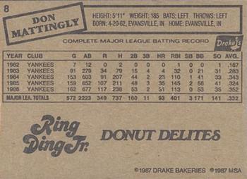 1987 Drake's Big Hitters Super Pitchers #8 Don Mattingly Back