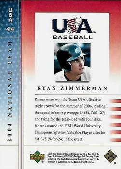 2005 Upper Deck USA Baseball 2004 National Team #USA 44 Ryan Zimmerman Back
