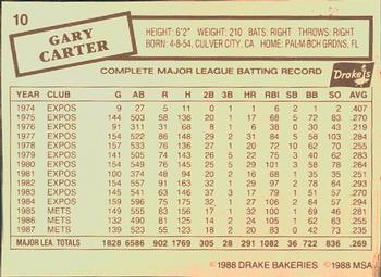 1988 Drake's Big Hitters Super Pitchers #10 Gary Carter Back