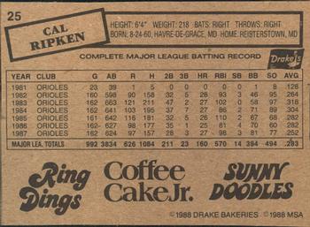 1988 Drake's Big Hitters Super Pitchers #25 Cal Ripken Jr. Back