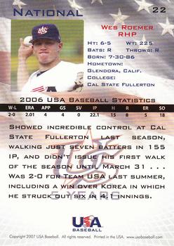 2006-07 USA Baseball Box Set  #22 Wes Roemer Back