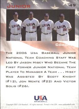 2006-07 USA Baseball Box Set  #49 Junior National Team Coaches (Scott Knight / Jason Hisey / Jon Wente / Victor Solis) Back