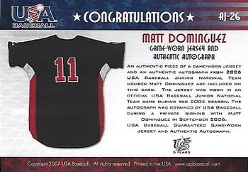 2006-07 USA Baseball Box Set  - Signatures Jersey Black #AJ-26 Matt Dominguez Back