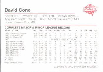 1990 Kahn's New York Mets #NNO David Cone Back
