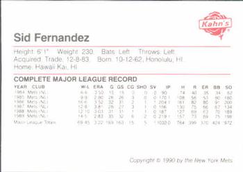 1990 Kahn's New York Mets #NNO Sid Fernandez Back