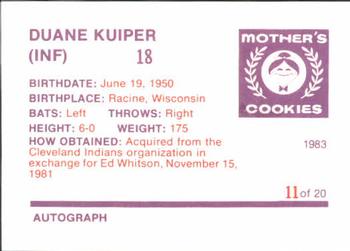 1983 Mother's Cookies San Francisco Giants #11 Duane Kuiper Back