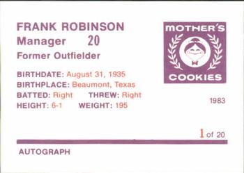 1983 Mother's Cookies San Francisco Giants #1 Frank Robinson Back
