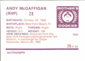 1983 Mother's Cookies San Francisco Giants #20 Andy McGaffigan Back