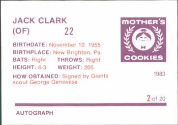 1983 Mother's Cookies San Francisco Giants #2 Jack Clark Back