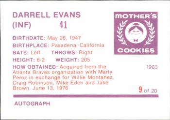 1983 Mother's Cookies San Francisco Giants #9 Darrell Evans Back